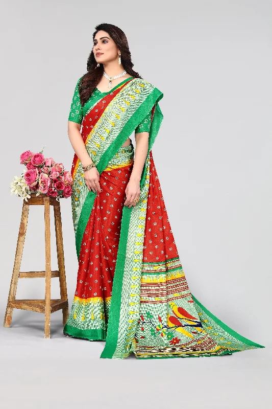 Women Casual Wear Printed Khadi Silk Saree With Un Stitched Blouse Elegant Lace Blouse Women Casual Wear Printed Khadi Silk Saree With Un Stitched Blouse Elegant Lace Blouse