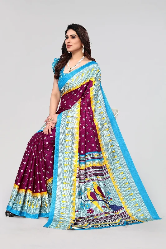 Women Casual Wear Printed Khadi Silk Saree With Un Stitched Blouse Bell Sleeve Blouse Women Casual Wear Printed Khadi Silk Saree With Un Stitched Blouse Bell Sleeve Blouse