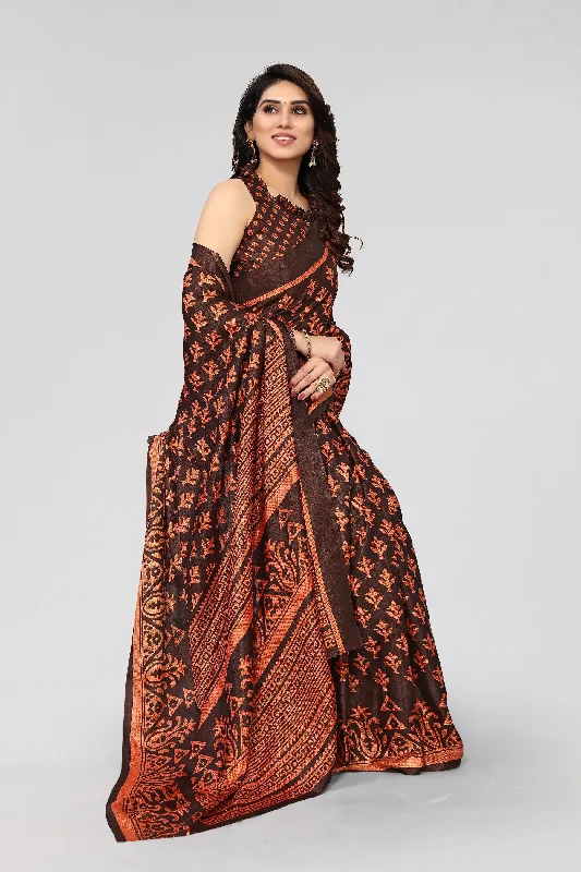 Women Casual Wear Printed Khadi Silk Saree With Un Stitched Blouse Off-Shoulder Wrap Blouse Women Casual Wear Printed Khadi Silk Saree With Un Stitched Blouse Off-Shoulder Wrap Blouse