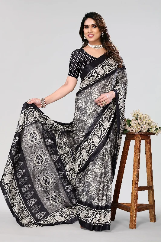 Women Casual Wear Printed Khadi Silk Saree With Un Stitched Blouse Vintage Polka Blouse Women Casual Wear Printed Khadi Silk Saree With Un Stitched Blouse Vintage Polka Blouse