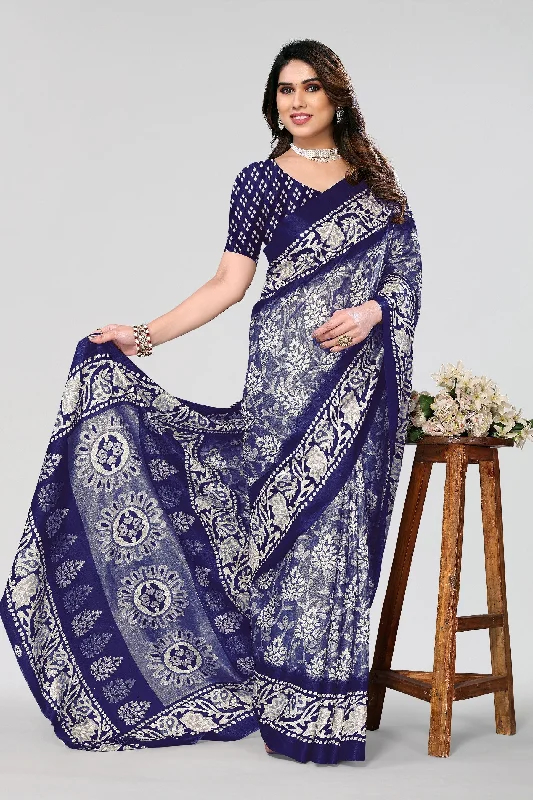 Women Casual Wear Printed Khadi Silk Saree With Un Stitched Blouse Pleated Collar Blouse Women Casual Wear Printed Khadi Silk Saree With Un Stitched Blouse Pleated Collar Blouse