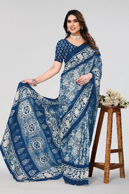 Women Casual Wear Printed Khadi Silk Saree With Un Stitched Blouse Drape Neck Blouse Women Casual Wear Printed Khadi Silk Saree With Un Stitched Blouse Drape Neck Blouse