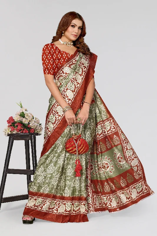 Women Casual Wear Printed Khadi Silk Saree With Un Stitched Blouse Feminine Tie Blouse Women Casual Wear Printed Khadi Silk Saree With Un Stitched Blouse Feminine Tie Blouse