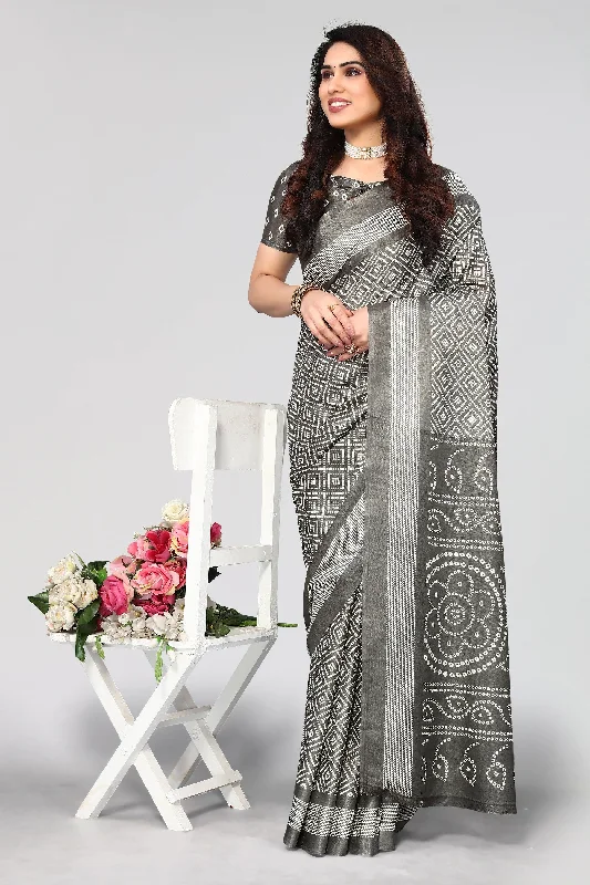 Women Casual Wear Printed Khadi Silk Saree With Un Stitched Blouse Loose Fit Blouse