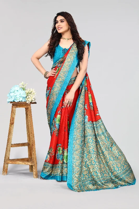 Women Casual Wear Printed Khadi Silk Saree With Un Stitched Blouse Airy Cotton Blouse Women Casual Wear Printed Khadi Silk Saree With Un Stitched Blouse Airy Cotton Blouse