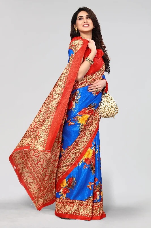 Women Casual Wear Printed Khadi Silk Saree With Un Stitched Blouse Playful Puff Blouse Women Casual Wear Printed Khadi Silk Saree With Un Stitched Blouse Playful Puff Blouse