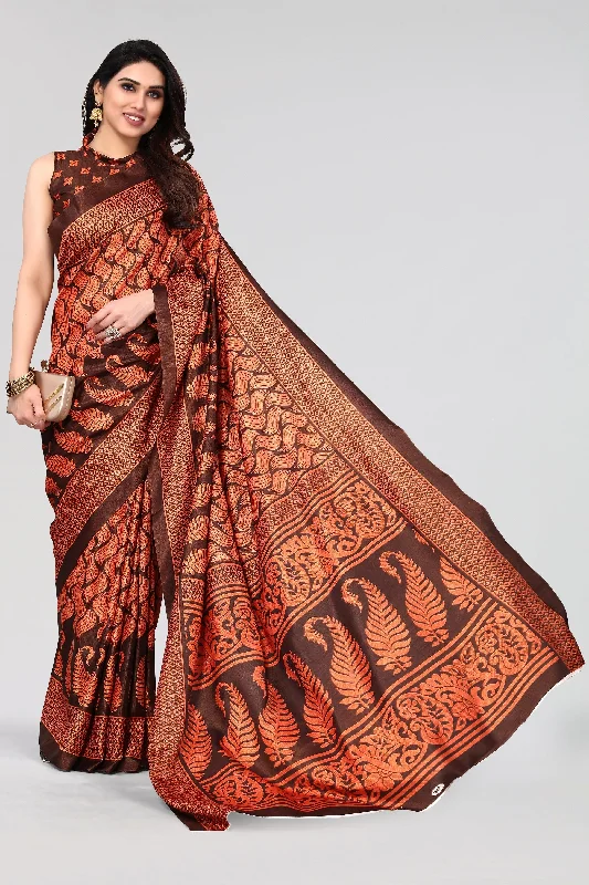 Women Casual Wear Printed Khadi Silk Saree With Un Stitched Blouse Floral Chiffon Blouse Women Casual Wear Printed Khadi Silk Saree With Un Stitched Blouse Floral Chiffon Blouse