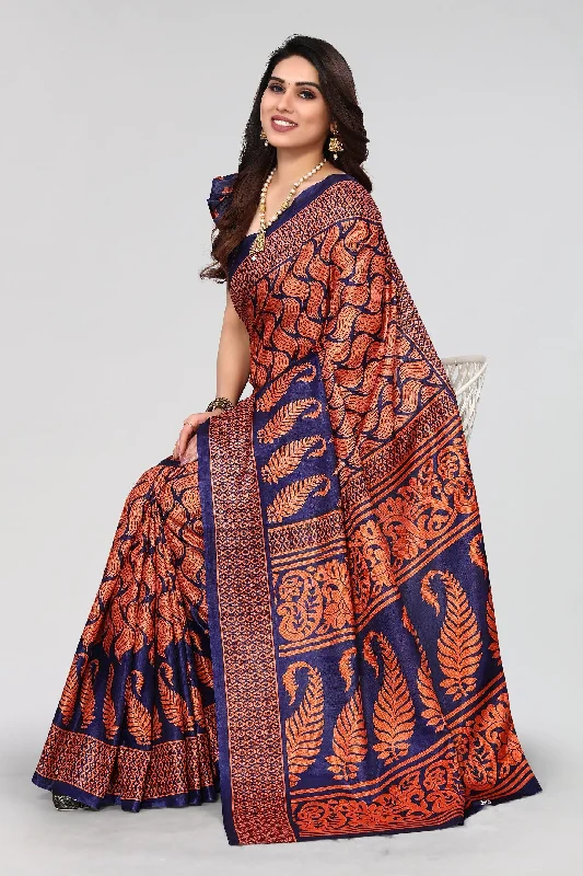 Women Casual Wear Printed Khadi Silk Saree With Un Stitched Blouse Gathered Detail Blouse Women Casual Wear Printed Khadi Silk Saree With Un Stitched Blouse Gathered Detail Blouse