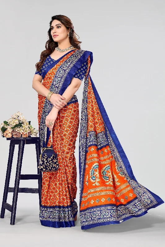 Women Casual Wear Printed Khadi Silk Saree With Un Stitched Blouse Off-Shoulder Wrap Blouse Women Casual Wear Printed Khadi Silk Saree With Un Stitched Blouse Off-Shoulder Wrap Blouse