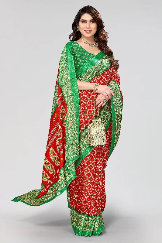 Women Casual Wear Printed Khadi Silk Saree With Un Stitched Blouse Satin Bow Blouse