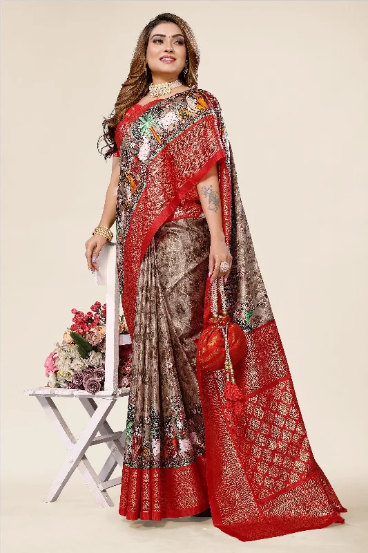 Women Casual Wear Printed Dhola Silk Saree With Un Stitched Blouse Feminine Ruffle Blouse