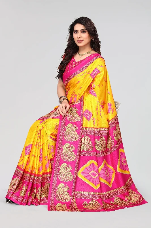 Women Casual Wear Printed Khadi Silk Saree With Un Stitched Blouse Sweetheart Neck Blouse Women Casual Wear Printed Khadi Silk Saree With Un Stitched Blouse Sweetheart Neck Blouse