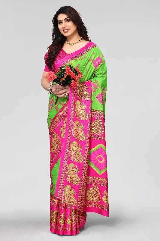 Women Casual Wear Printed Khadi Silk Saree With Un Stitched Blouse Chic Sleeveless Blouse Women Casual Wear Printed Khadi Silk Saree With Un Stitched Blouse Chic Sleeveless Blouse