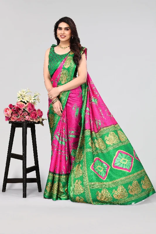 Women Casual Wear Printed Khadi Silk Saree With Un Stitched Blouse Feminine Pastel Blouse Women Casual Wear Printed Khadi Silk Saree With Un Stitched Blouse Feminine Pastel Blouse