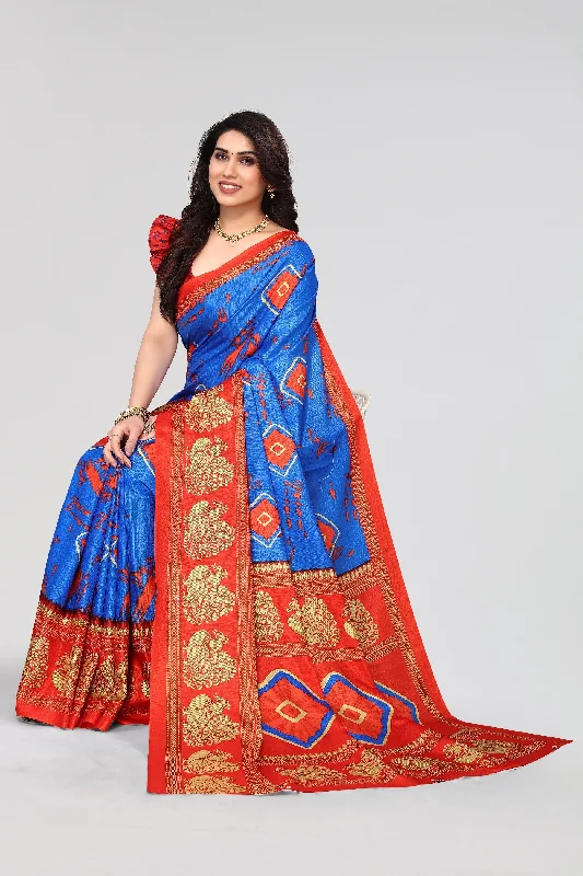 Women Casual Wear Printed Khadi Silk Saree With Un Stitched Blouse Delicate Pleat Blouse Women Casual Wear Printed Khadi Silk Saree With Un Stitched Blouse Delicate Pleat Blouse