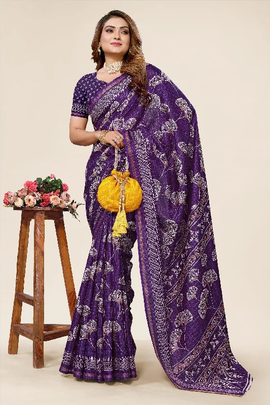 Women Casual Wear Printed Dhola Silk Saree With Un Stitched Blouse Chic Ruffle Blouse Women Casual Wear Printed Dhola Silk Saree With Un Stitched Blouse Chic Ruffle Blouse