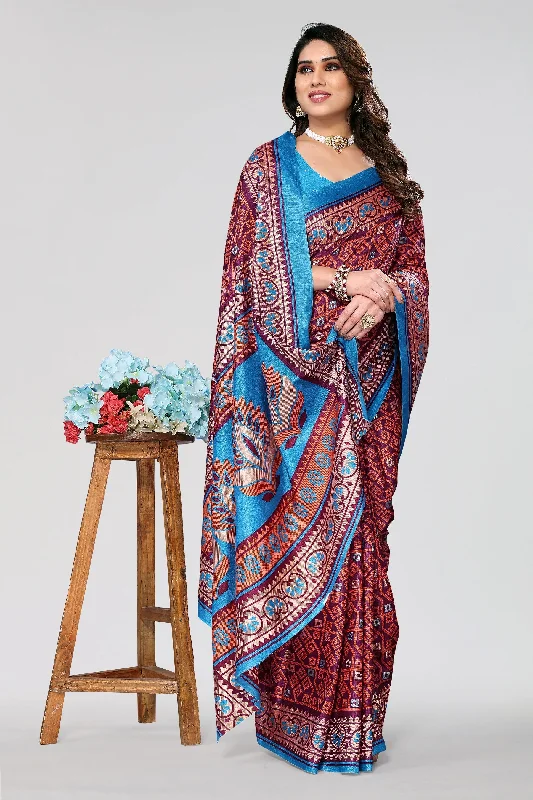Women Casual Wear Printed Khadi Silk Saree With Un Stitched Blouse Collared Satin Blouse Women Casual Wear Printed Khadi Silk Saree With Un Stitched Blouse Collared Satin Blouse