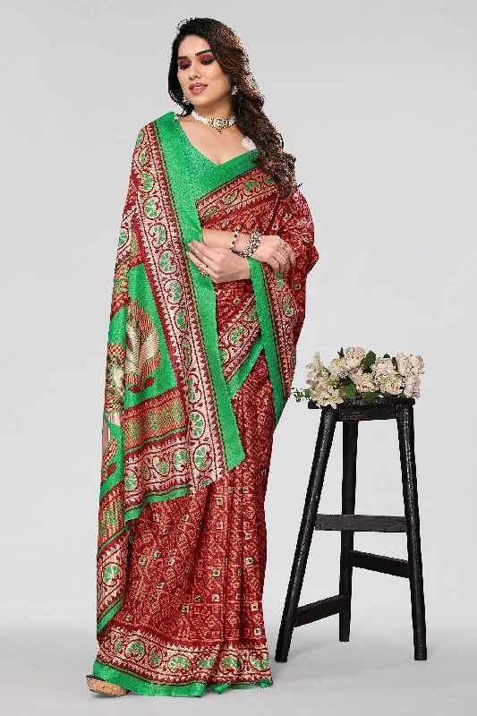 Women Casual Wear Printed Khadi Silk Saree With Un Stitched Blouse Sheer Sleeve Blouse