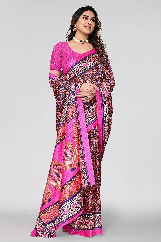 Women Casual Wear Printed Khadi Silk Saree With Un Stitched Blouse Double Button Blouse