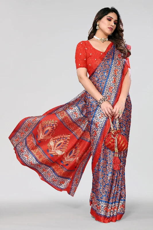 Women Casual Wear Printed Khadi Silk Saree With Un Stitched Blouse Romantic Lace Blouse Women Casual Wear Printed Khadi Silk Saree With Un Stitched Blouse Romantic Lace Blouse