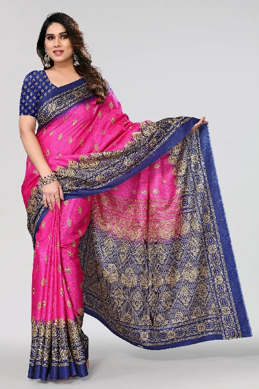Women Casual Wear Printed Khadi Silk Saree With Un Stitched Blouse Balloon Sleeve Blouse Women Casual Wear Printed Khadi Silk Saree With Un Stitched Blouse Balloon Sleeve Blouse