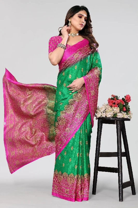Women Casual Wear Printed Khadi Silk Saree With Un Stitched Blouse Short Sleeve Blouse Women Casual Wear Printed Khadi Silk Saree With Un Stitched Blouse Short Sleeve Blouse