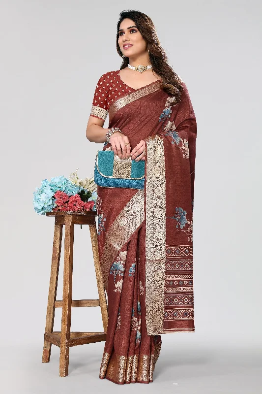 Women Casual Wear Printed Dhola Silk Saree With Un Stitched Blouse Sleeveless Summer Blouse Women Casual Wear Printed Dhola Silk Saree With Un Stitched Blouse Sleeveless Summer Blouse