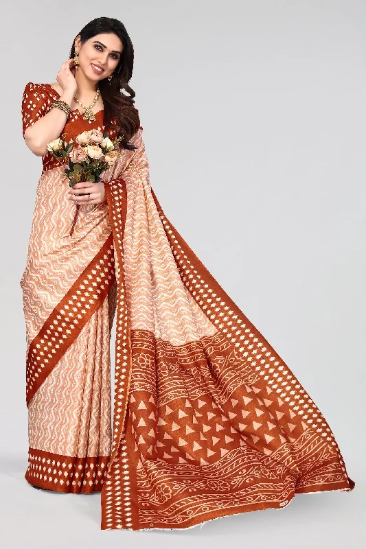 Women Casual Wear Printed Khadi Silk Saree With Un Stitched Blouse Frilled Cuff Blouse Women Casual Wear Printed Khadi Silk Saree With Un Stitched Blouse Frilled Cuff Blouse