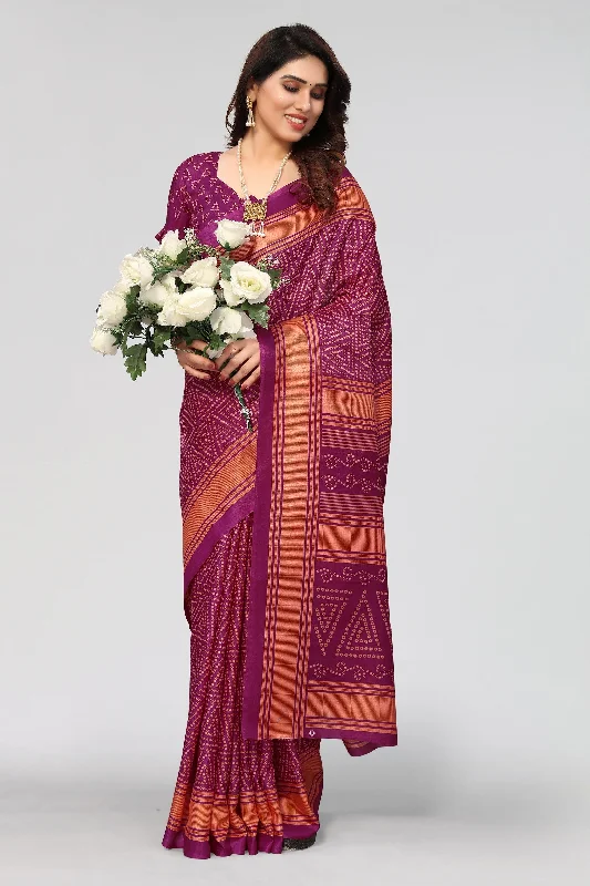 Women Casual Wear Printed Khadi Silk Saree With Un Stitched Blouse Ruffled Neck Blouse Women Casual Wear Printed Khadi Silk Saree With Un Stitched Blouse Ruffled Neck Blouse