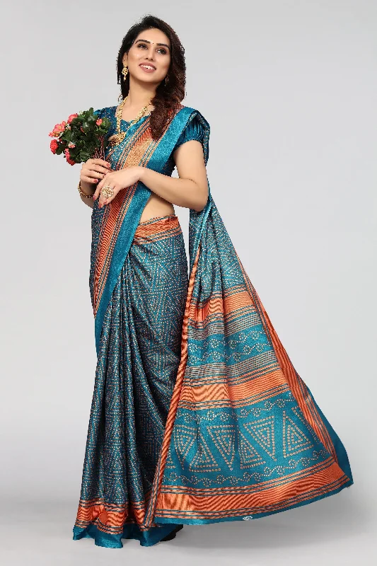 Women Casual Wear Printed Khadi Silk Saree With Un Stitched Blouse Puff Sleeve Blouse Women Casual Wear Printed Khadi Silk Saree With Un Stitched Blouse Puff Sleeve Blouse