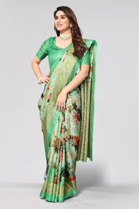 Women Casual Wear Printed Khadi Silk Saree With Un Stitched Blouse Silky Draped Blouse Women Casual Wear Printed Khadi Silk Saree With Un Stitched Blouse Silky Draped Blouse