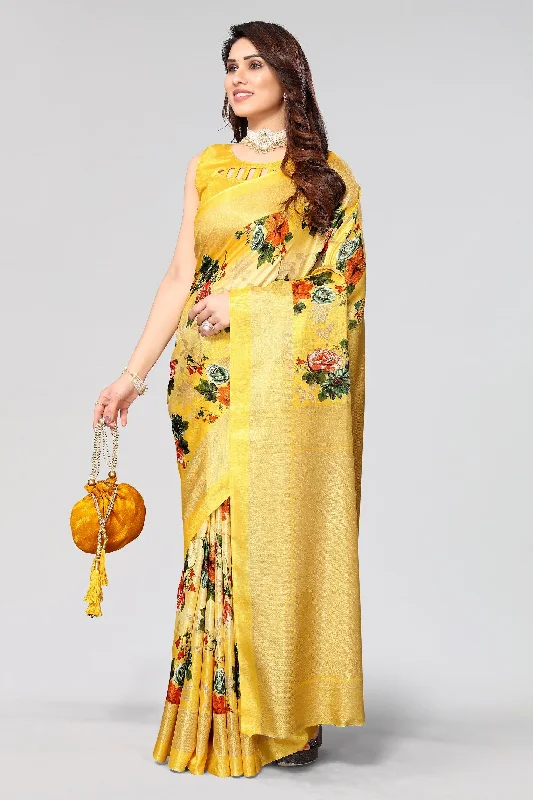 Women Casual Wear Printed Khadi Silk Saree With Un Stitched Blouse Textured Cotton Blouse Women Casual Wear Printed Khadi Silk Saree With Un Stitched Blouse Textured Cotton Blouse