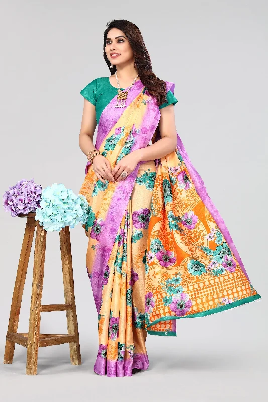 Women Casual Wear Printed Khadi Silk Saree With Un Stitched Blouse Semi-Sheer Blouse Women Casual Wear Printed Khadi Silk Saree With Un Stitched Blouse Semi-Sheer Blouse