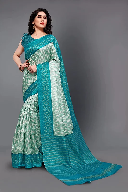 Women Casual Wear Printed Khadi Silk Saree With Un Stitched Blouse Gathered Detail Blouse Women Casual Wear Printed Khadi Silk Saree With Un Stitched Blouse Gathered Detail Blouse