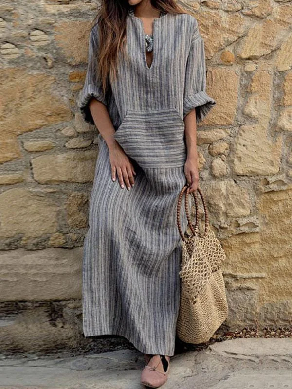 2018 Stripe Loose Casual Maxi Dress Fashionable Chiffon Maxi Dress