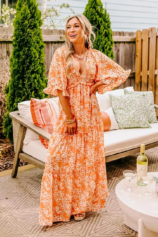 Affectionate Feeling Floral Smocked Maxi Dress in Orange Cozy Knit Maxi Dress