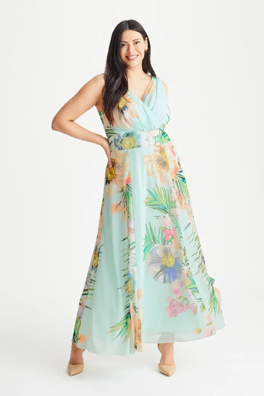 Amelia Aqua Print Mesh Maxi Dress Cozy Ruffle Sleeve Maxi Dress