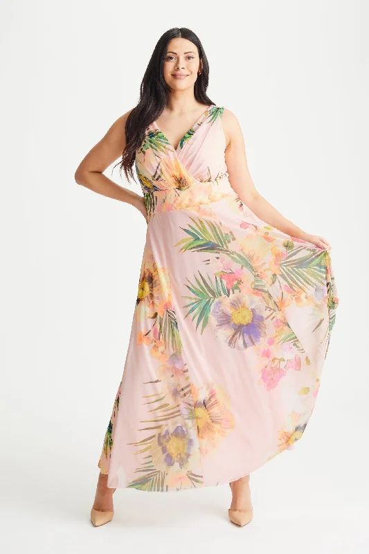 Amelia Peach Print Mesh Maxi Dress Classic V-Neck Maxi Dress