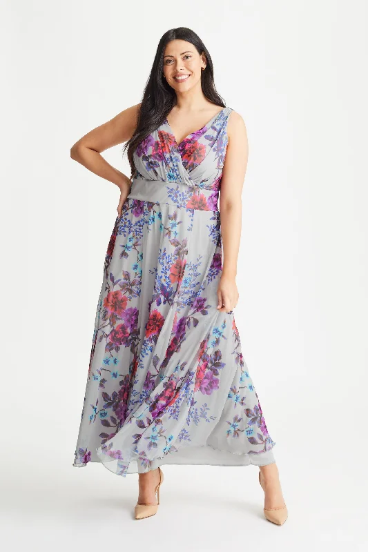 Amelia Silver Multi Print Mesh Maxi Dress Elegant Velvet Maxi Dress