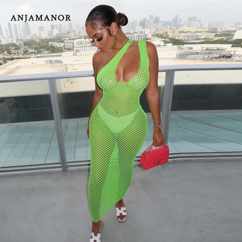 ANJAMANOR Sexy One Shoulder Hollow Fishnet Mesh Maxi Dress Birthday Party Club Outfits See Through Bodycon Long Dresses D85-AH17 Classic Solid Maxi Dress