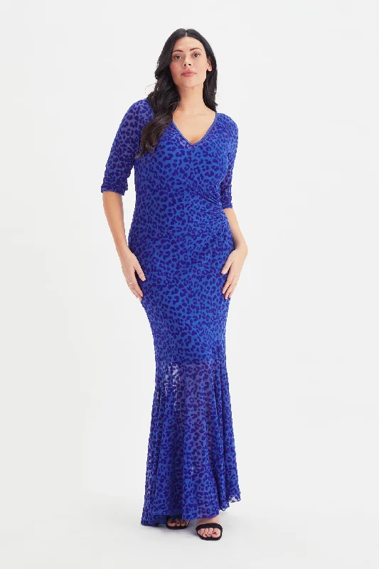 Blue Leopard Velvet Flock Fishtail Maxi Dress Fashionable Printed Maxi Dress