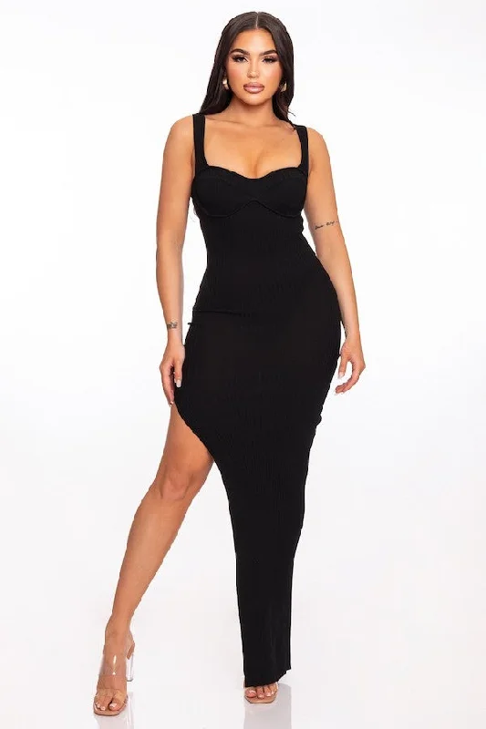 Bustier Side Slit Ribbed Maxi Dress Stylish Maxi Dress with Frills