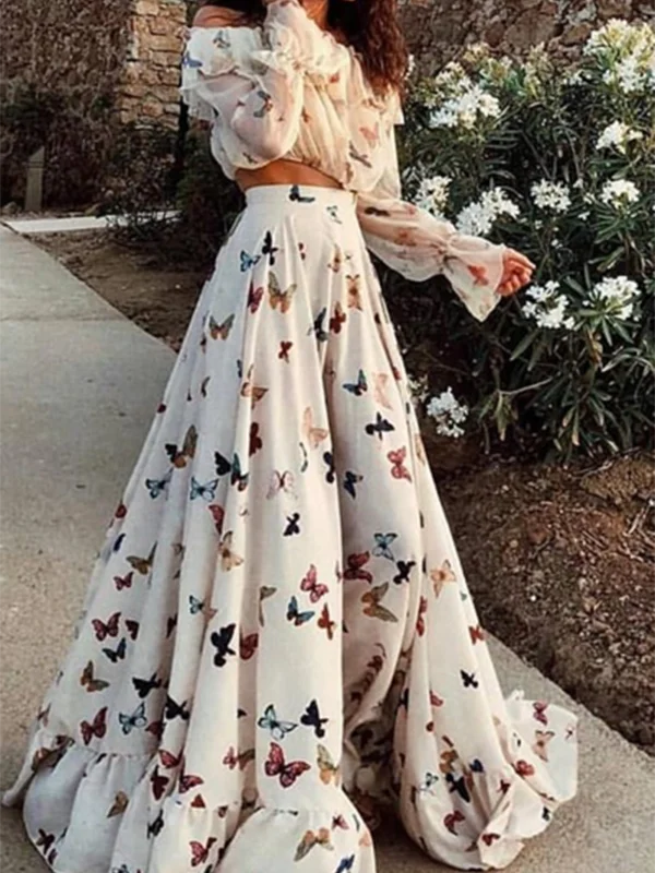 Butterfly Print Off Shoulder Long Sleeve Maxi Dress 2 Pieces Set Trendy Satin Maxi Dress Butterfly Print Off Shoulder Long Sleeve Maxi Dress 2 Pieces Set Trendy Satin Maxi Dress
