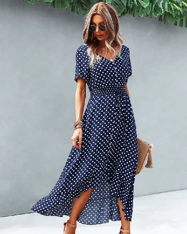 Button Down Polka Dot V Neck Short Sleeve High Low Maxi Dress Comfortable Maxi Dress with Sleeves Button Down Polka Dot V Neck Short Sleeve High Low Maxi Dress Comfortable Maxi Dress with Sleeves