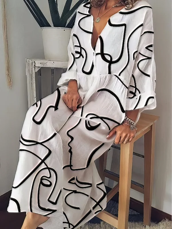 Casual Abstract Print Maxi Dress Stylish Pleated A-Line Maxi Dress