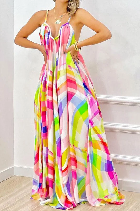 Checked Colorful Swing Maxi Dress Fashionable Maxi Dress with Fringe