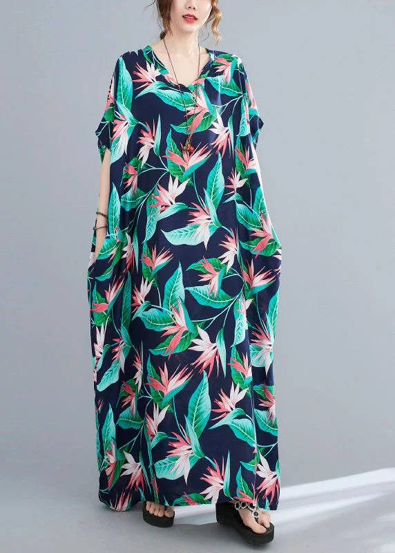 Chic Blue Green V Neck Print Cotton Party Maxi Dress Summer Trendy Satin Maxi Dress