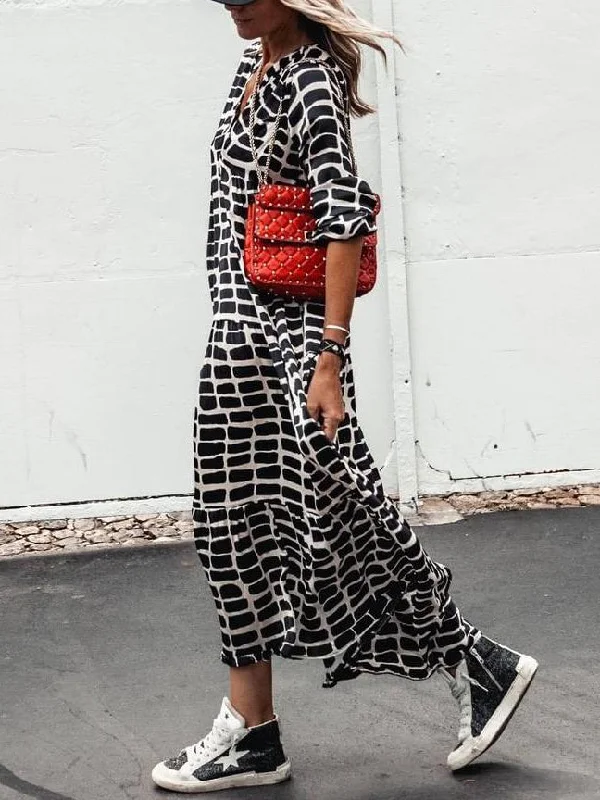 Classy Black And White V-Neck Long Sleeve Maxi Dress- Elegant Maxi Dress with Ruffles