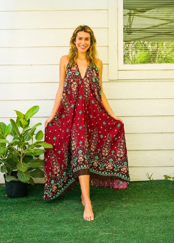 Burgundy Floral Mandala Goddess Boho Maxi Dress Classic V-Neck Maxi Dress