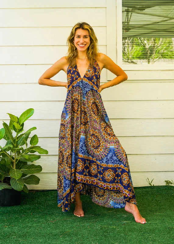 Blue Psychedelic Mandala Goddess Boho Maxi Dress Elegant Pleated Maxi Dress